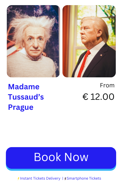 banner for Madame Tussaud Prague digital tickets. Price from 12 euro per person